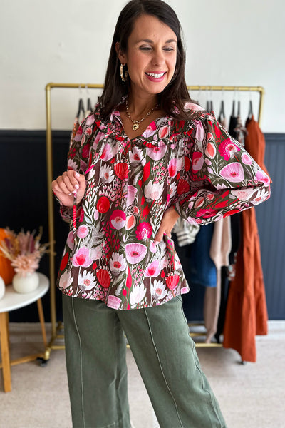 Ruby Floral Printed Tie Neck LS Blouse