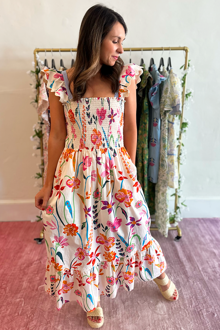 fitted lace wedding dress White Floral Stripe Trim Maxi Dress | 100% Cotton