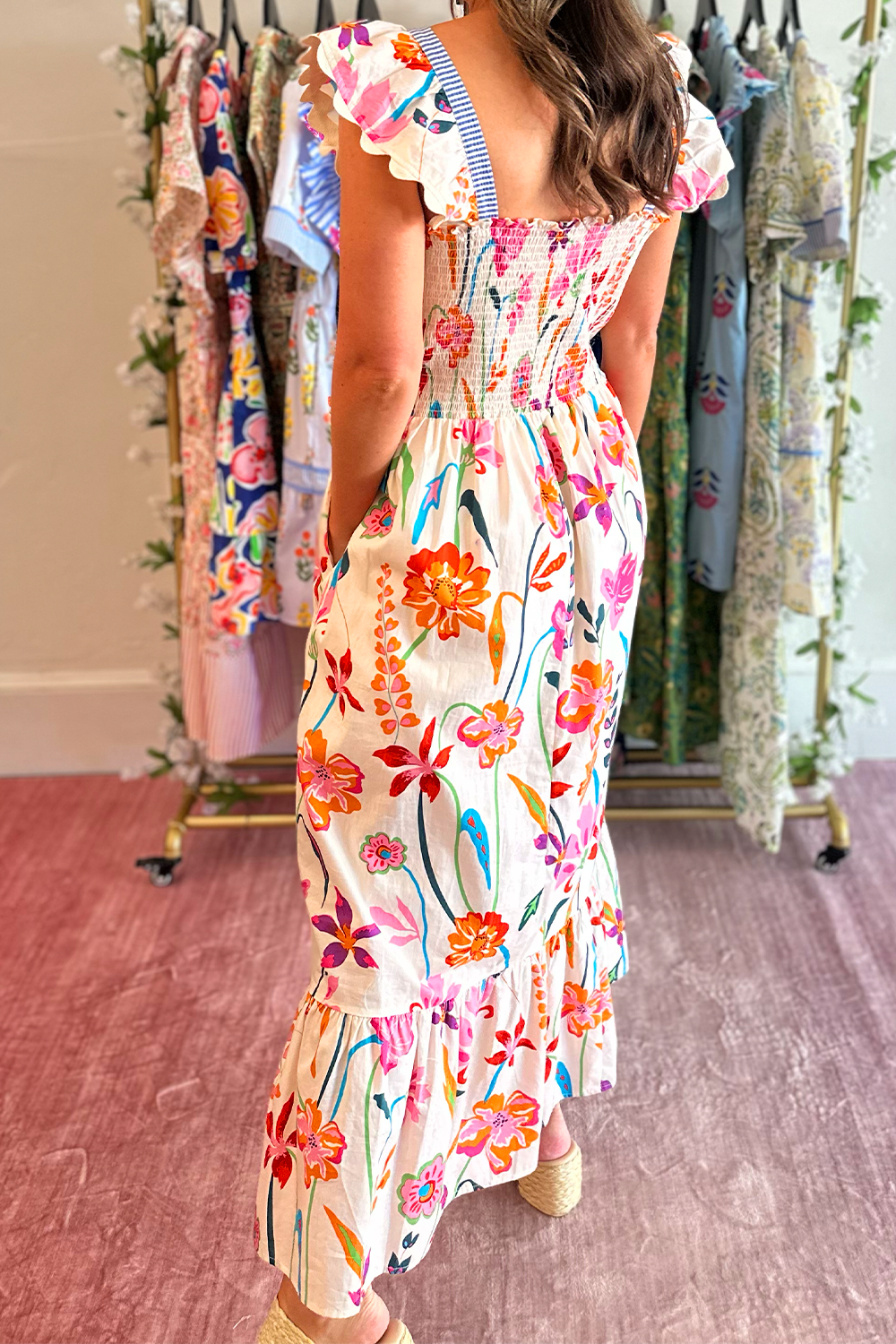 fitted lace wedding dress White Floral Stripe Trim Maxi Dress | 100% Cotton