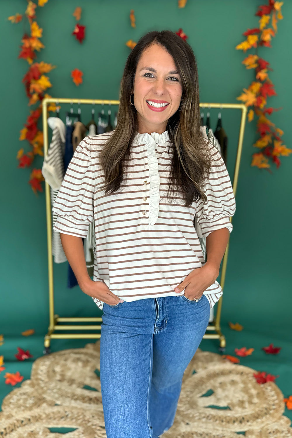 Cream and Taupe Stripe Ruffle Button Top