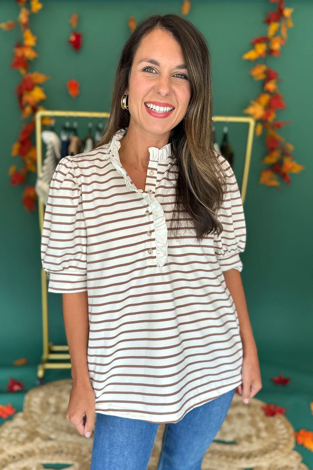 Cream and Taupe Stripe Ruffle Button Top