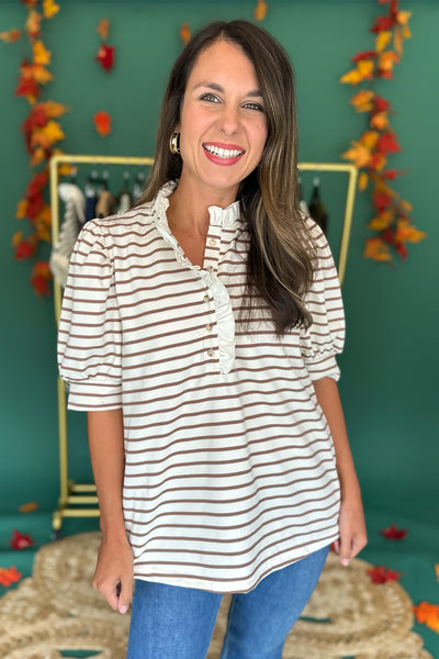 Cream and Taupe Stripe Ruffle Button Top