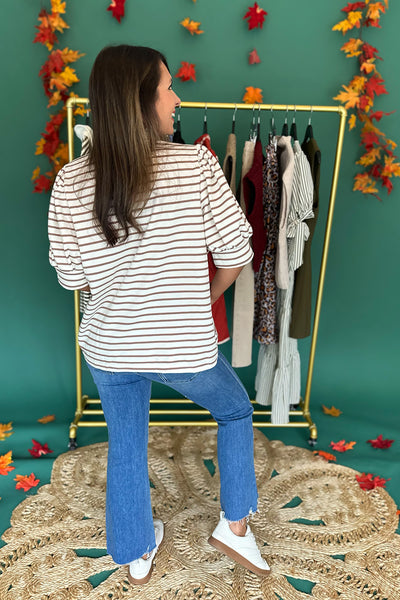 Cream and Taupe Stripe Ruffle Button Top