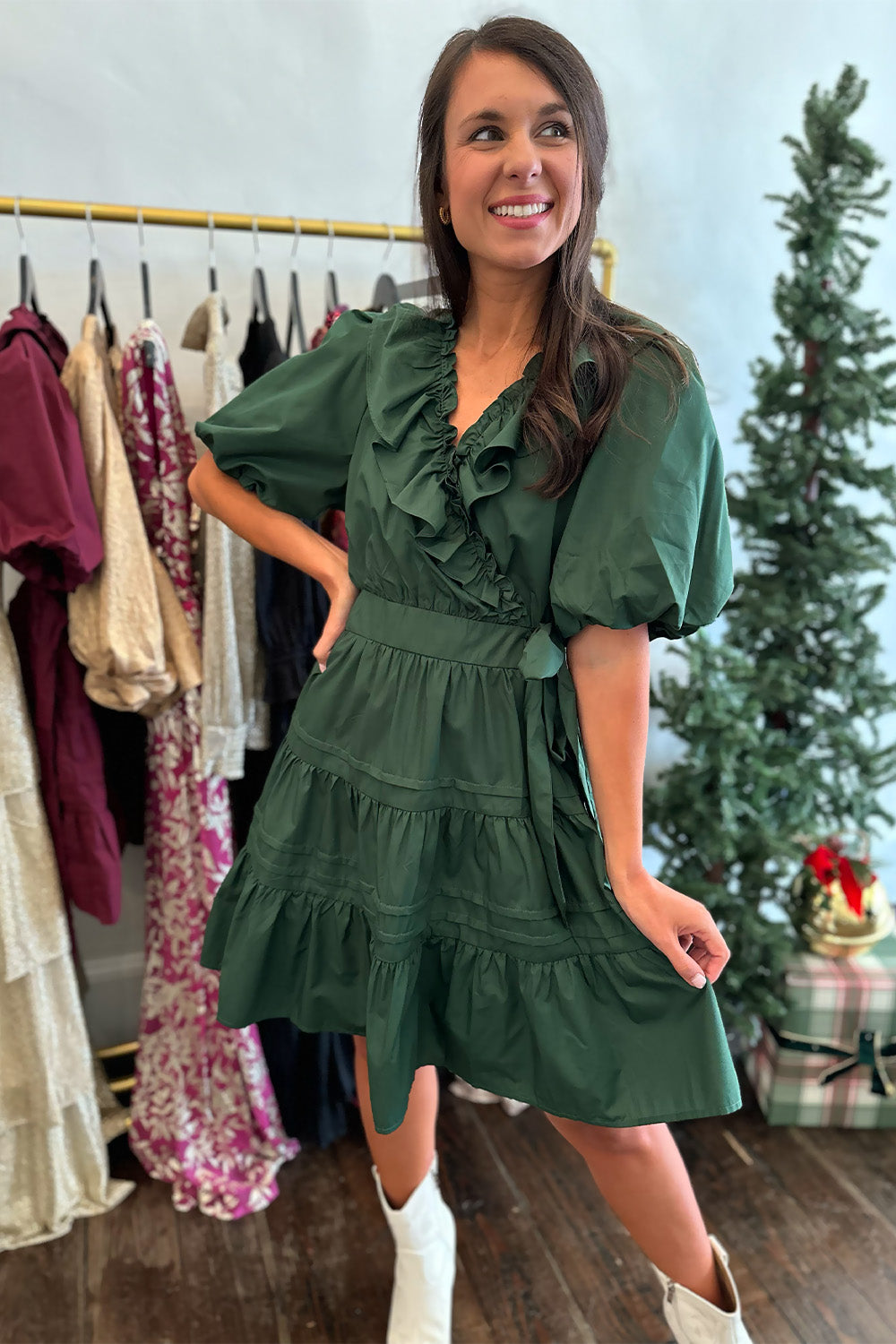 Wrap Ruffle Dress Green