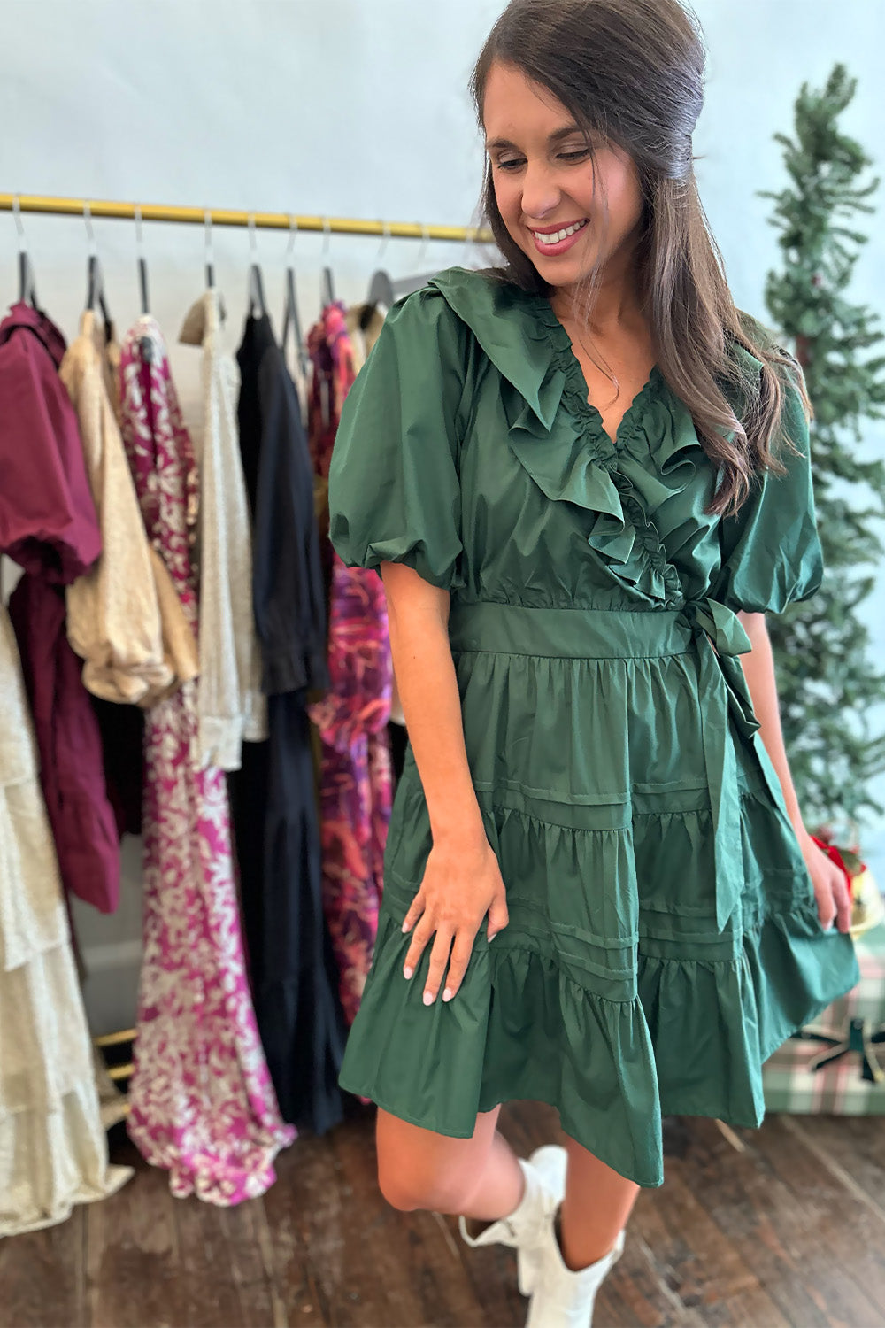 Wrap Ruffle Dress Green