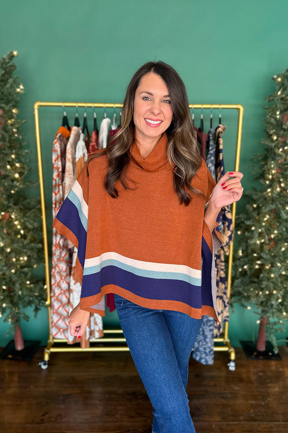 Brown and Blue Color Block Poncho