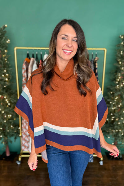 Brown and Blue Color Block Poncho
