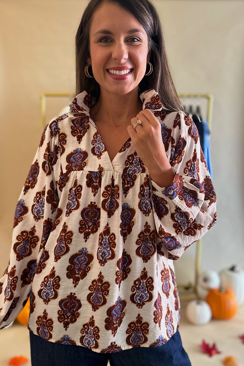 White Brown and Blue Printed LS Blouse