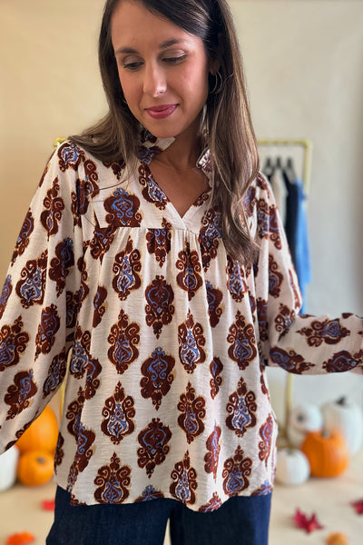 White Brown and Blue Printed LS Blouse