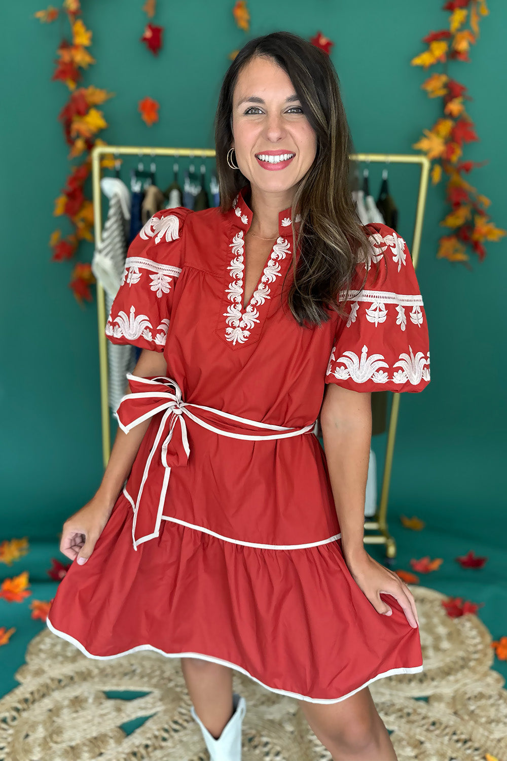 Rust and Cream Embroidered SS Dress