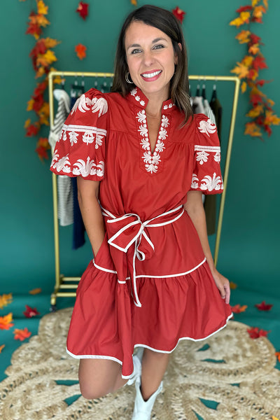 Rust and Cream Embroidered SS Dress