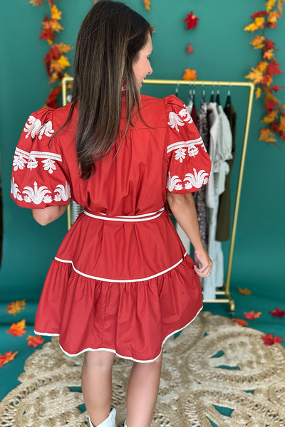 Rust and Cream Embroidered SS Dress