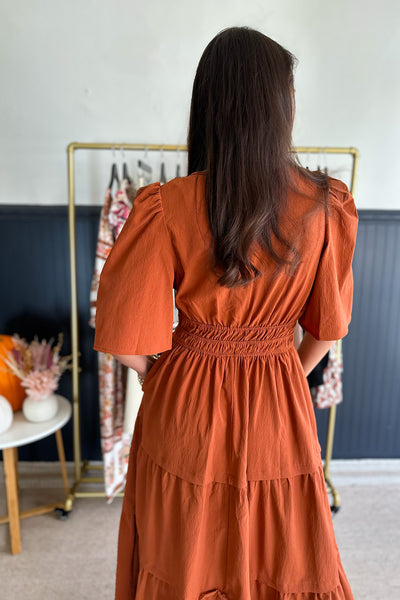 Rust Short Sleeve Pleat Front Midi