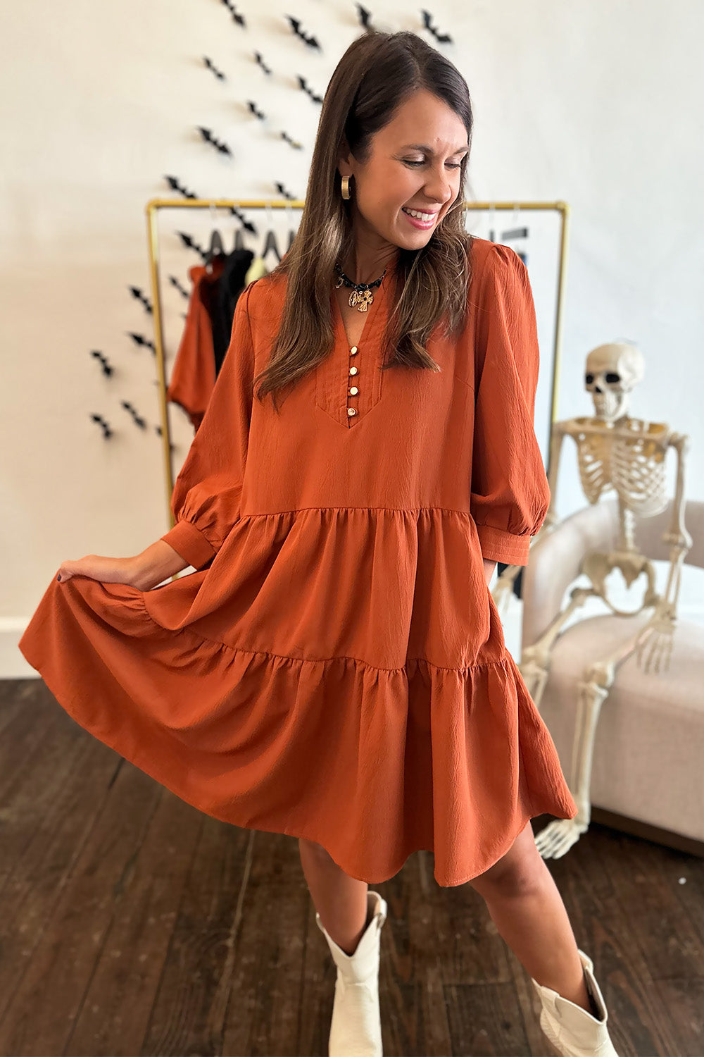 Rust LS Tiered Button Dress