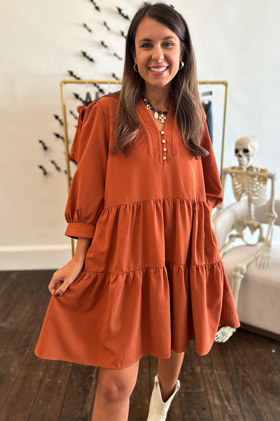 Rust LS Tiered Button Dress
