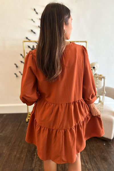 Rust LS Tiered Button Dress