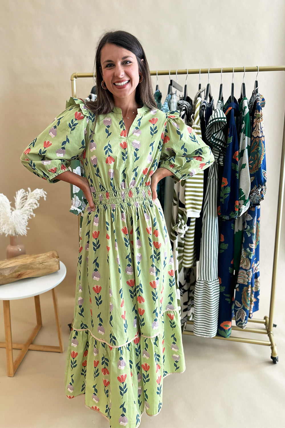Sage Floral 3/4 Sleeve Midi Dress