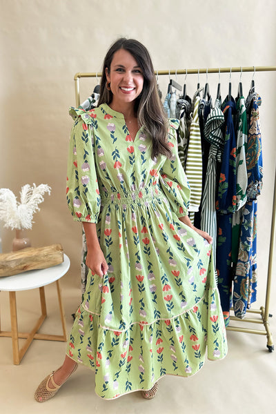 Sage Floral 3/4 Sleeve Midi Dress