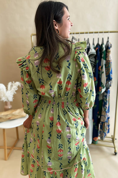 Sage Floral 3/4 Sleeve Midi Dress
