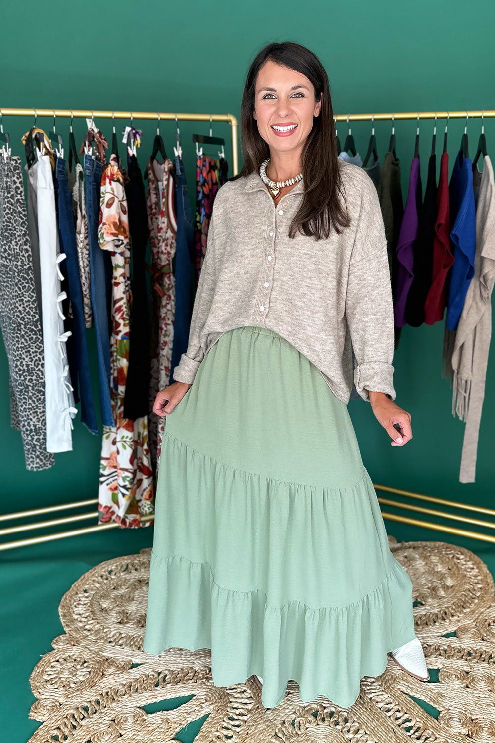 Sage Green Tiered Midi Skirt