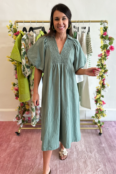 Green Smocked Midi Dress | Puff Sleeve Collared Dress | Umgee Truly Yours Green Smocked Midi Dress | Puff Sleeve Collared Dress | Umgee Truly Yours