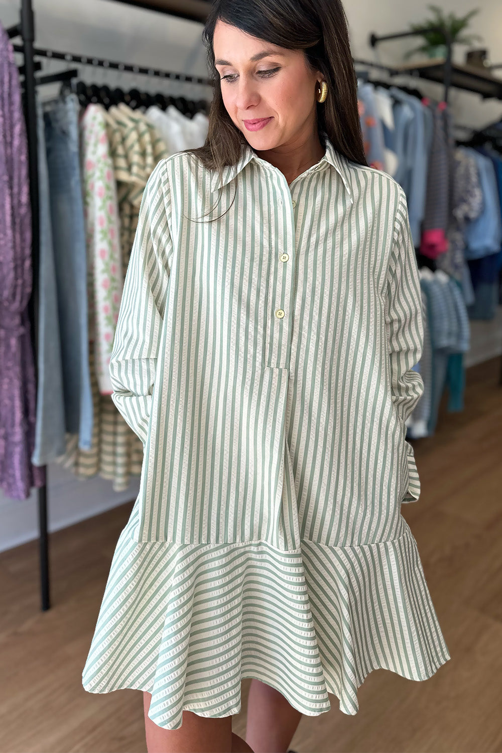 Striped Collared Button Dress Sage