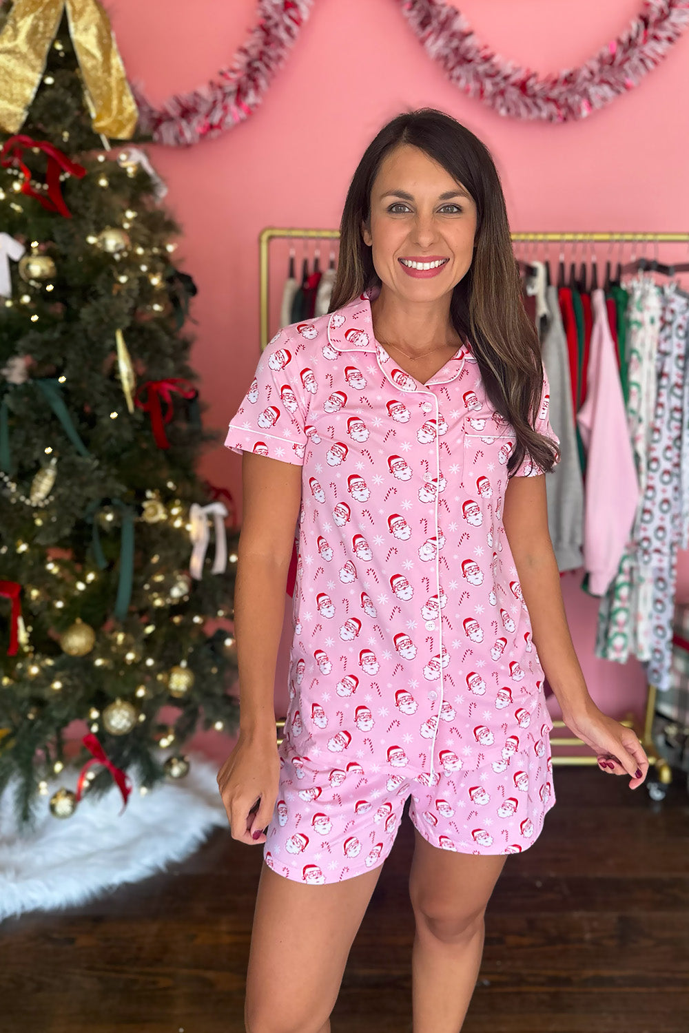 Candy Cane Santa Button Up Shorts Pajama Set