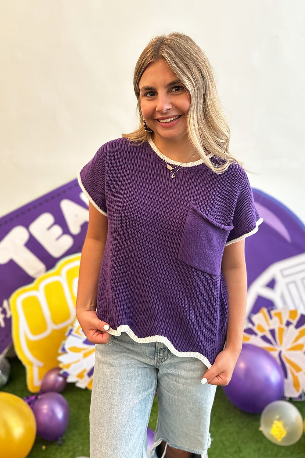 White Trim Purple Scallop Knit Top