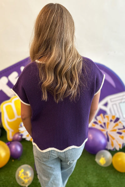 White Trim Purple Scallop Knit Top