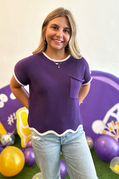 White Trim Purple Scallop Knit Top