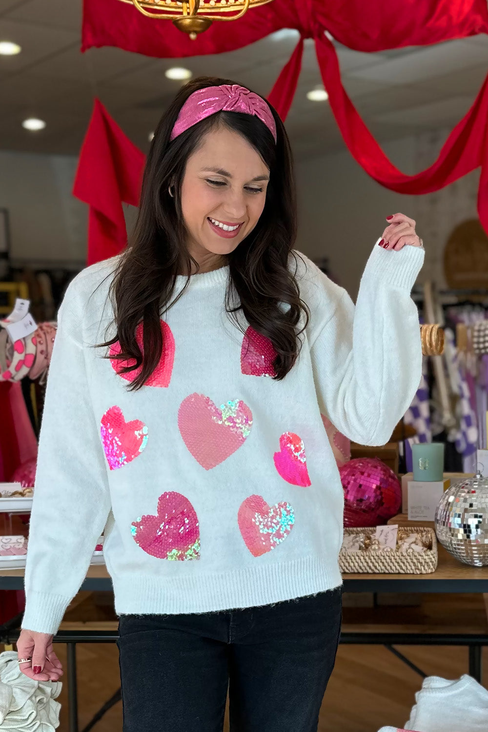 White Sweater with Sequin Hearts