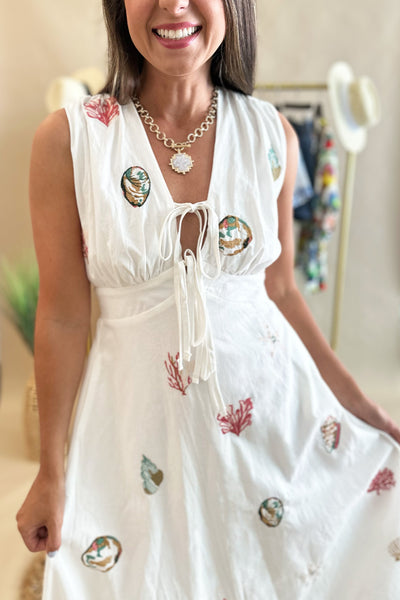 White Shell Embroidered Maxi Dres