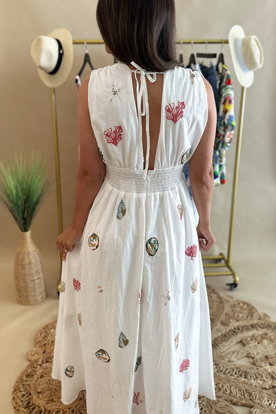 White Shell Embroidered Maxi Dres