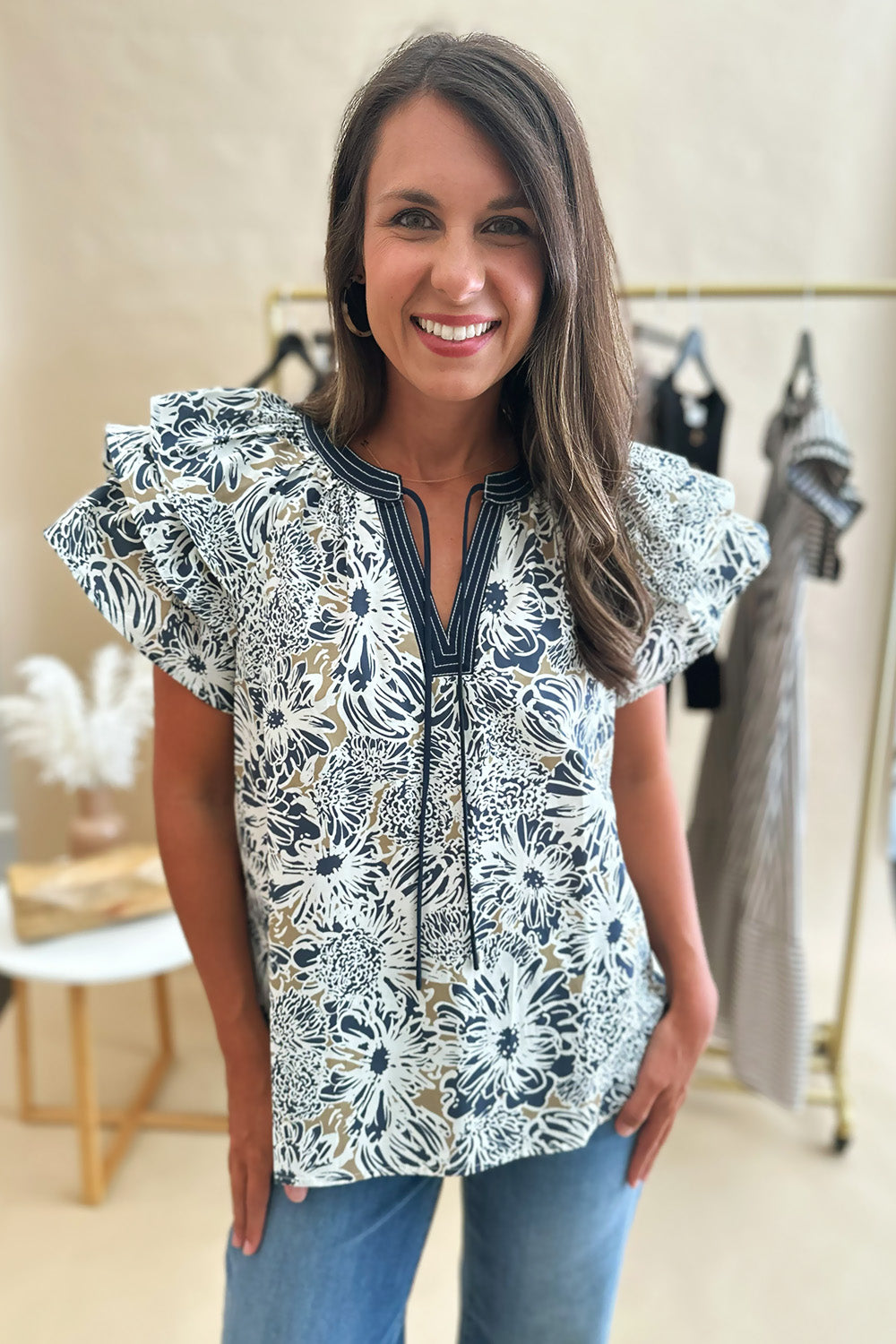 Blue and Tan Ruffle Shoulder Blouse