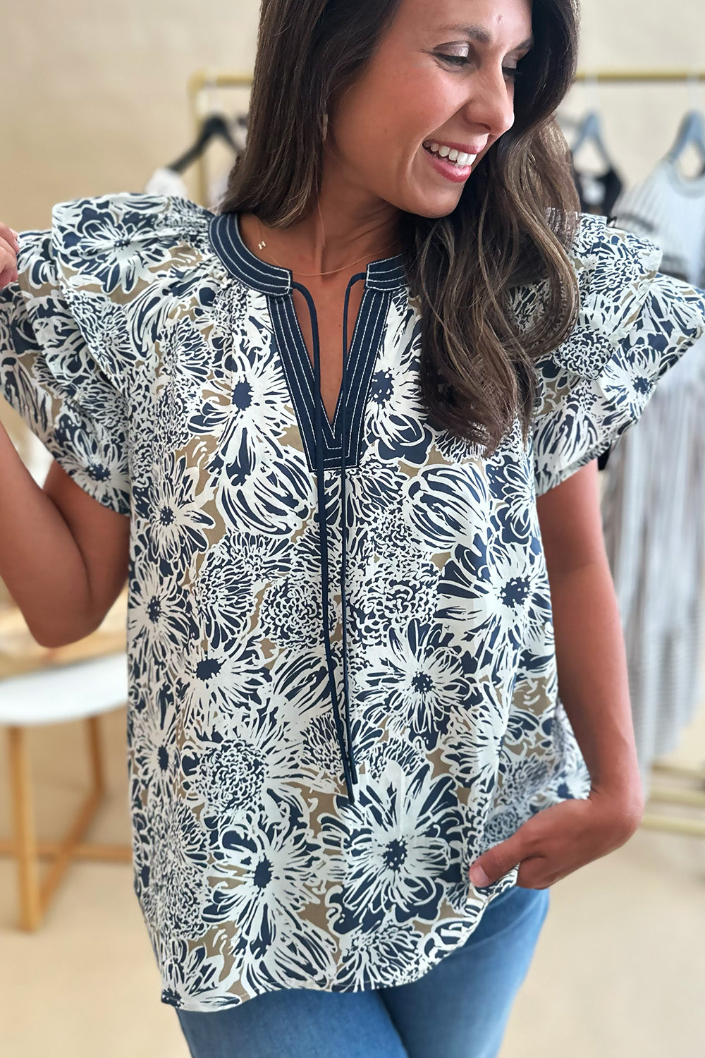 Blue and Tan Ruffle Shoulder Blouse