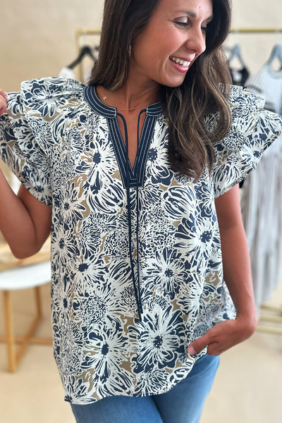 Blue and Tan Ruffle Shoulder Blouse
