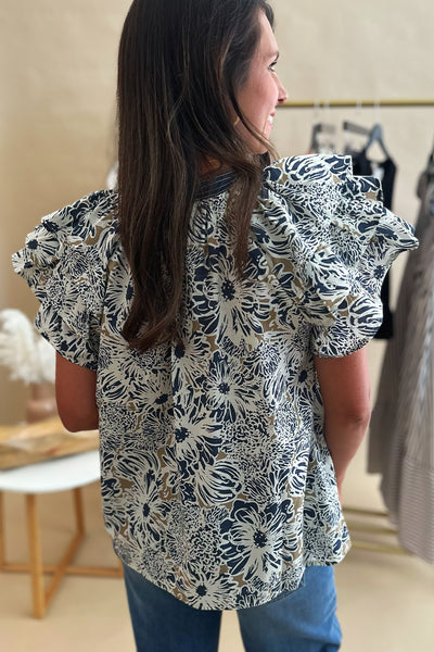 Blue and Tan Ruffle Shoulder Blouse