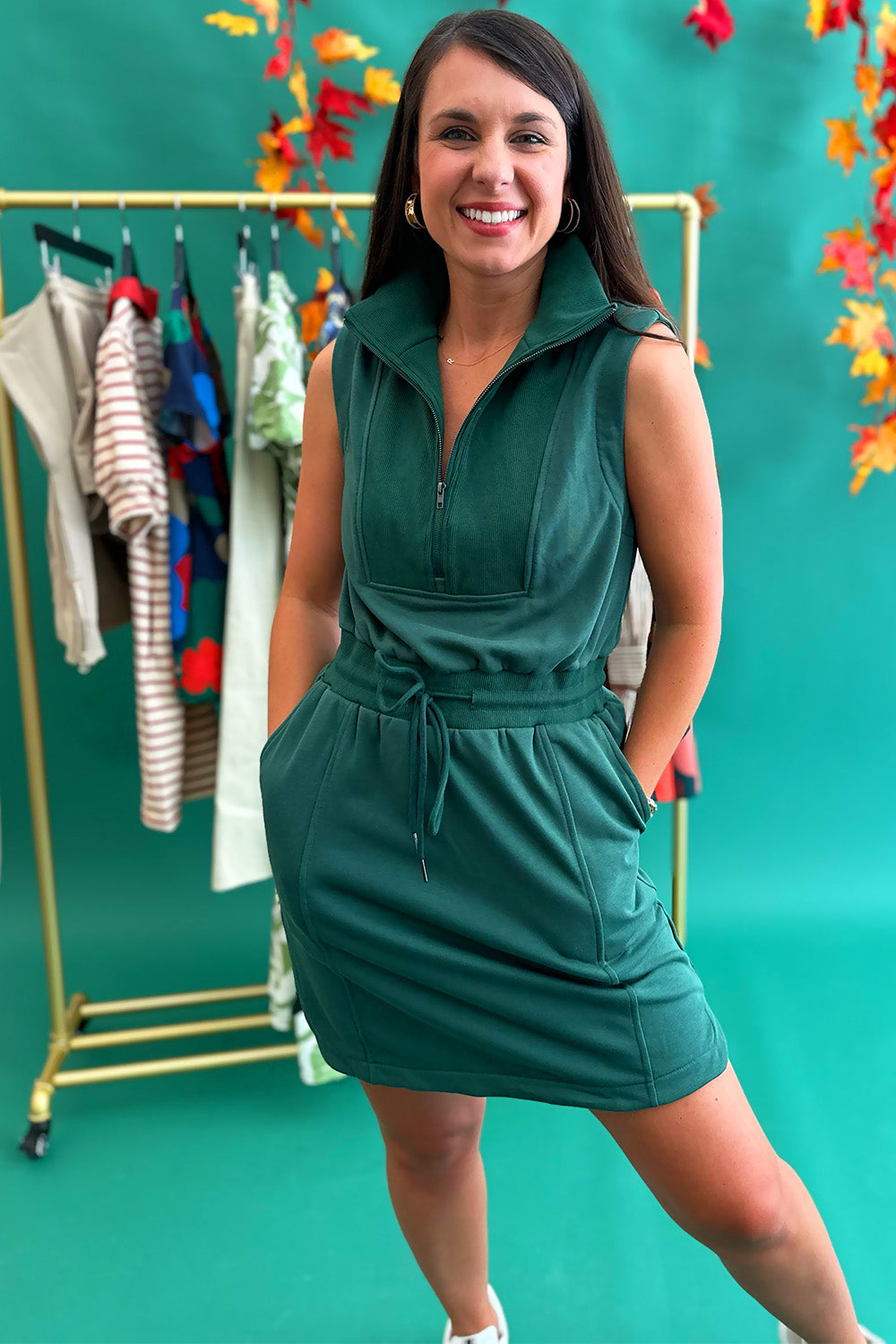 Sleeveless Zip Up TIe Waist Dress Green