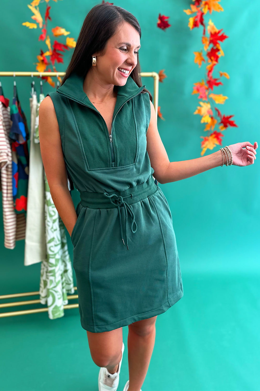 Sleeveless Zip Up TIe Waist Dress Green