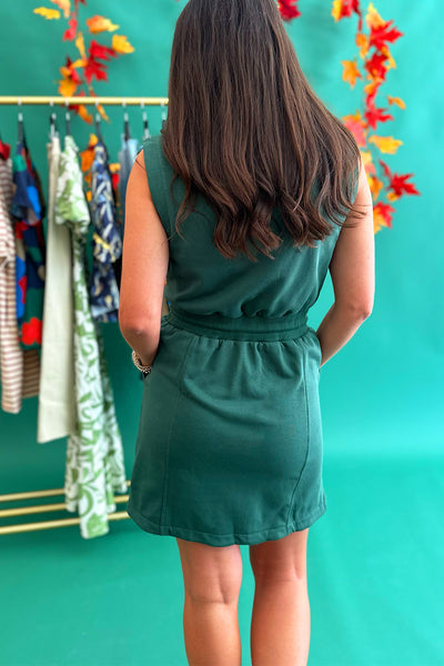 Sleeveless Zip Up TIe Waist Dress Green