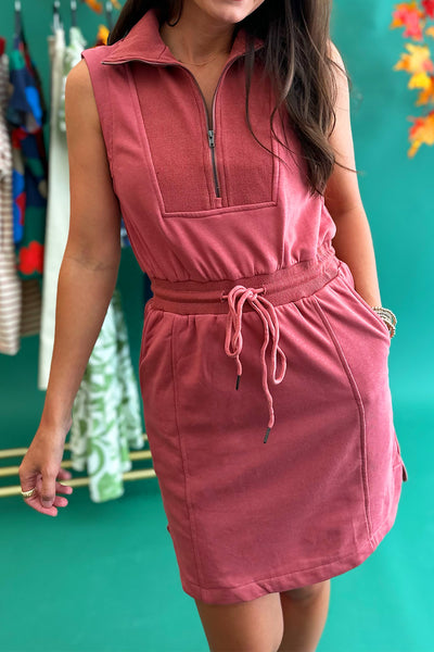 Sleeveless Zip Up TIe Waist Dress Rose