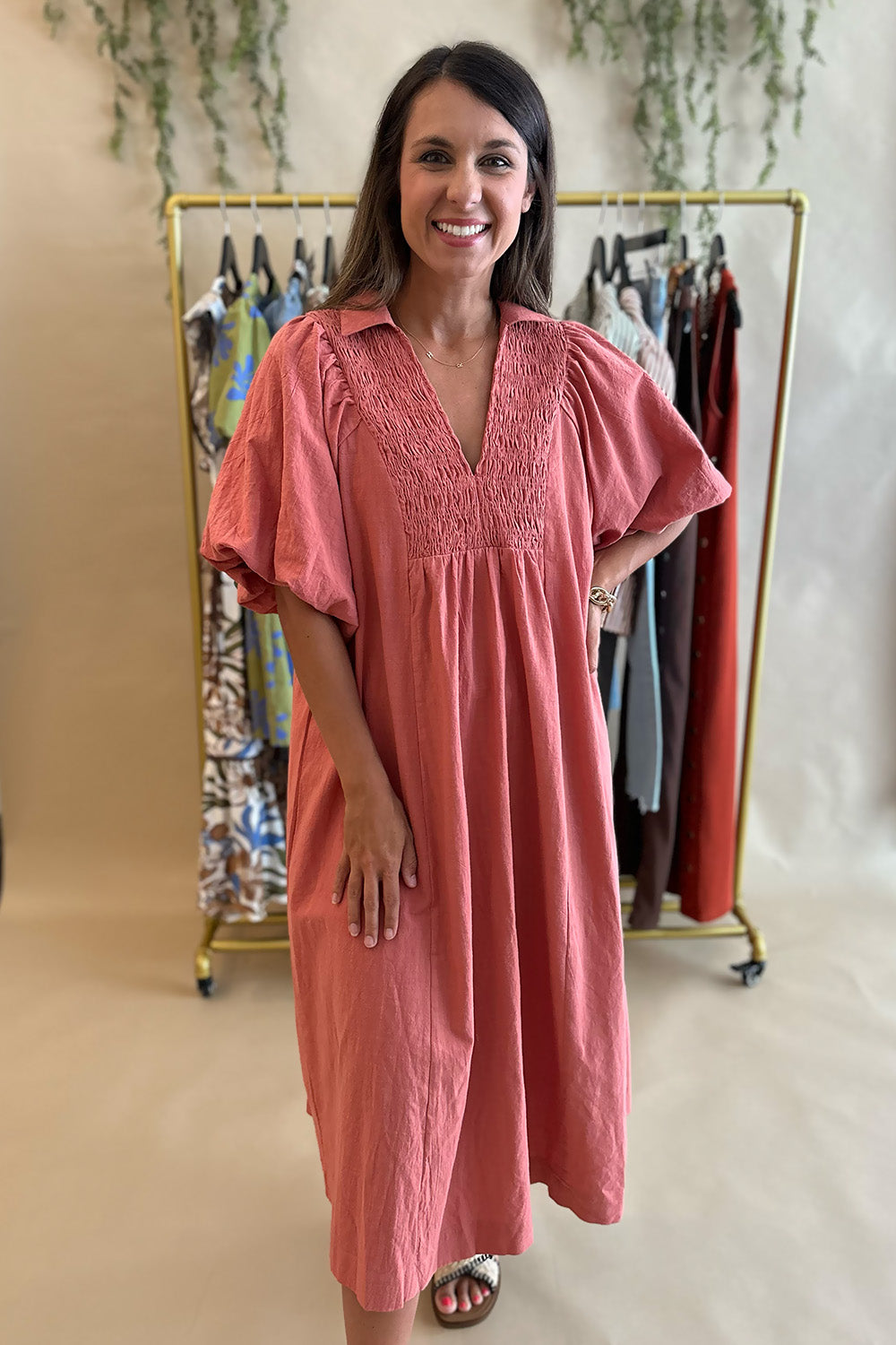 Collared Vneck Bubble Sleeve Dress Clay