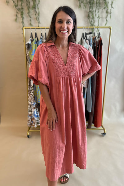 Collared Vneck Bubble Sleeve Dress Clay