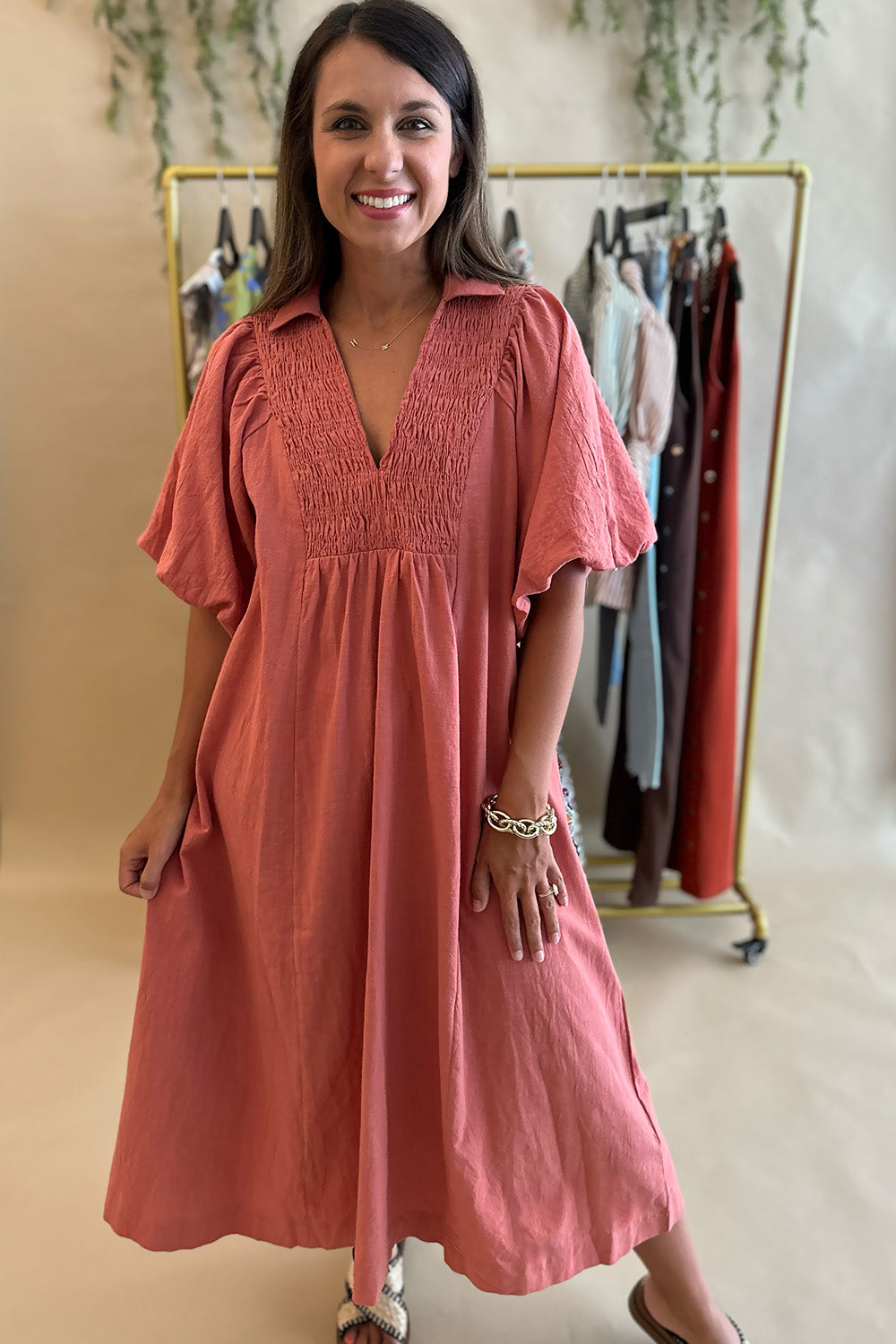 Collared Vneck Bubble Sleeve Dress Clay