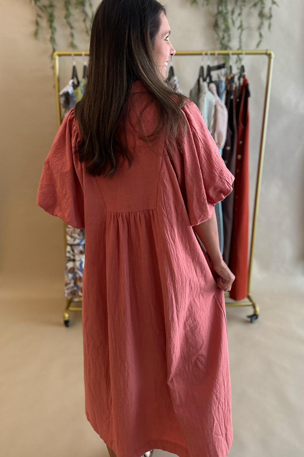 Collared Vneck Bubble Sleeve Dress Clay