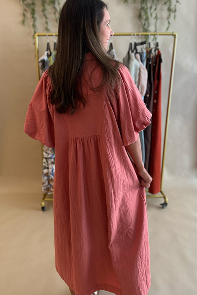 Collared Vneck Bubble Sleeve Dress Clay