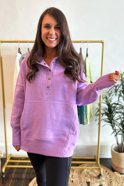 Half Button Fleece Hoodie Purple