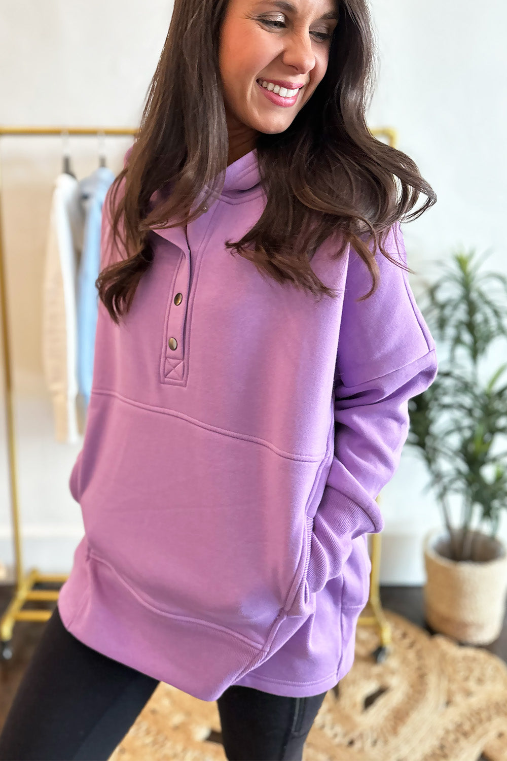 Half Button Fleece Hoodie Purple