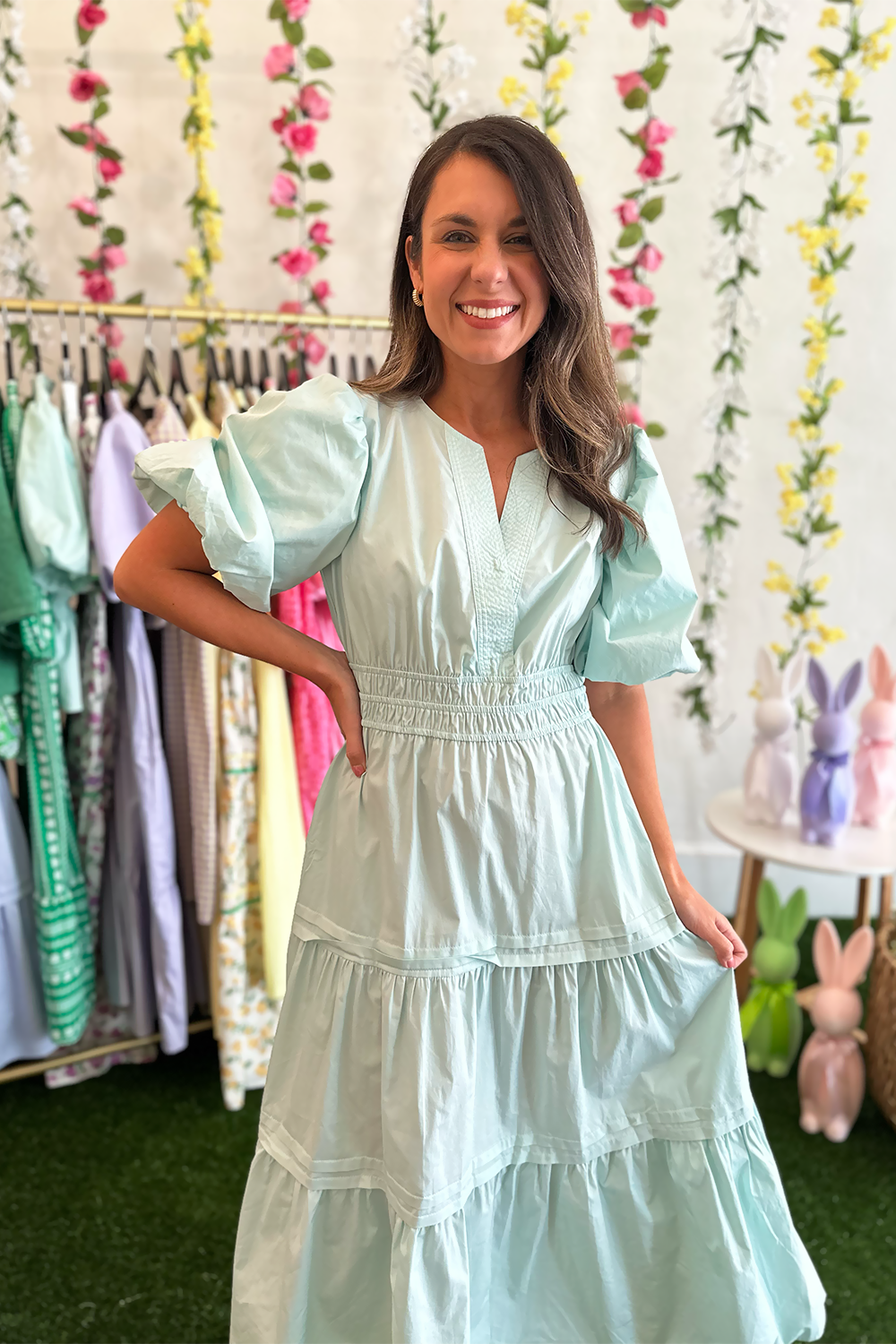 soft mint green dress Balloon SS Solid Vneck Midi Mint