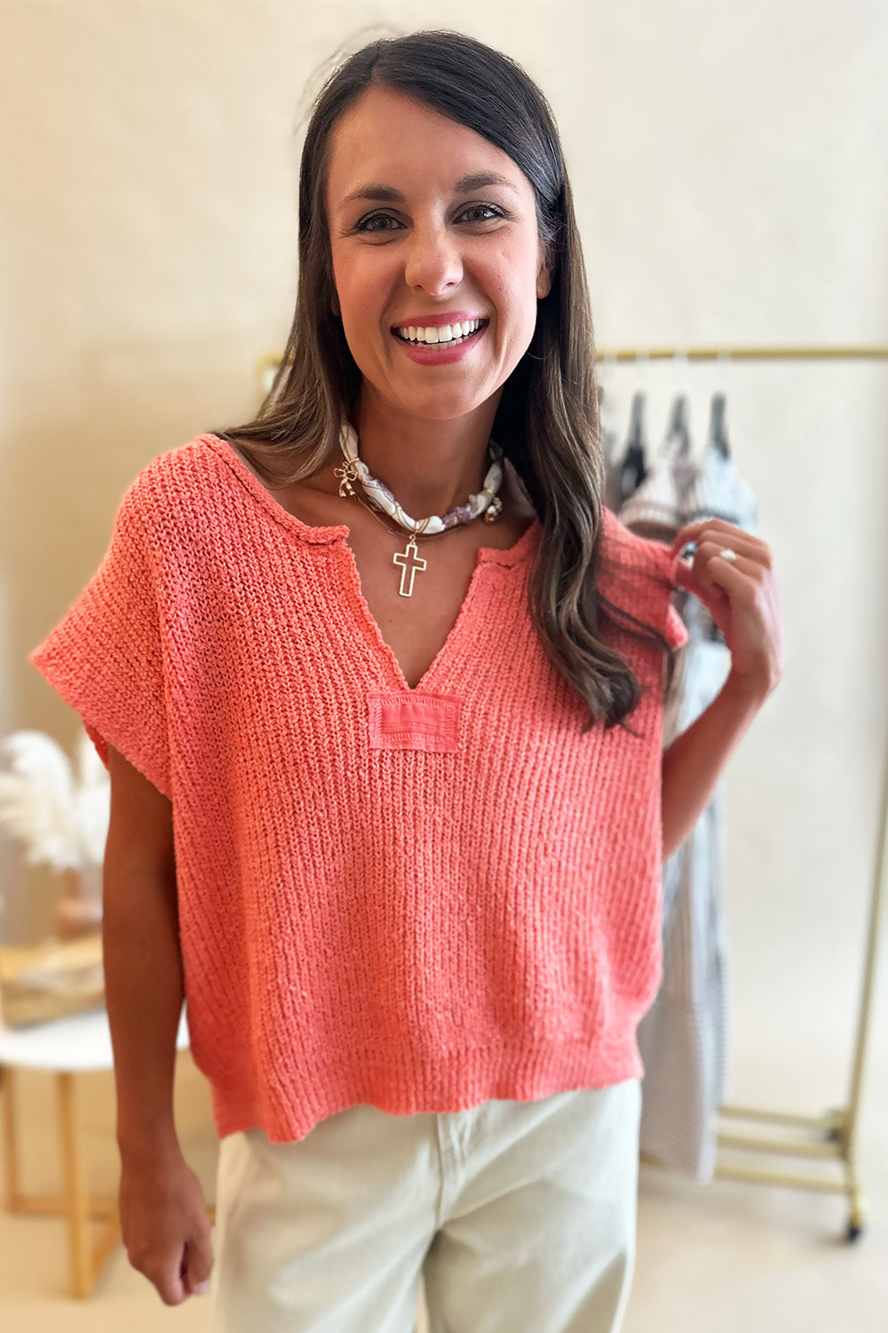 Sleeveless Split Neck Top Coral